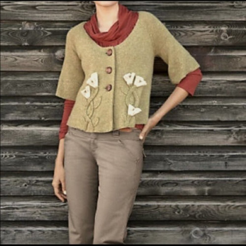 Anthropologie Moth Taupe Floral Applique "Brekka" Cardigan